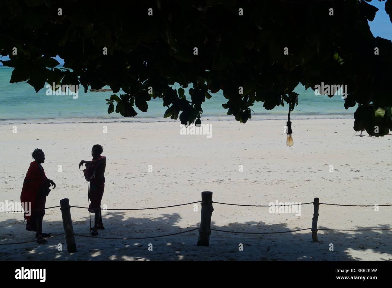 Le persone con abiti tradizionali Maasai si stagliano all'ombra di un grande albero costiero, affacciato sulla spiaggia di sabbia bianca e sulle acque turchesi di Zanzibar Foto Stock