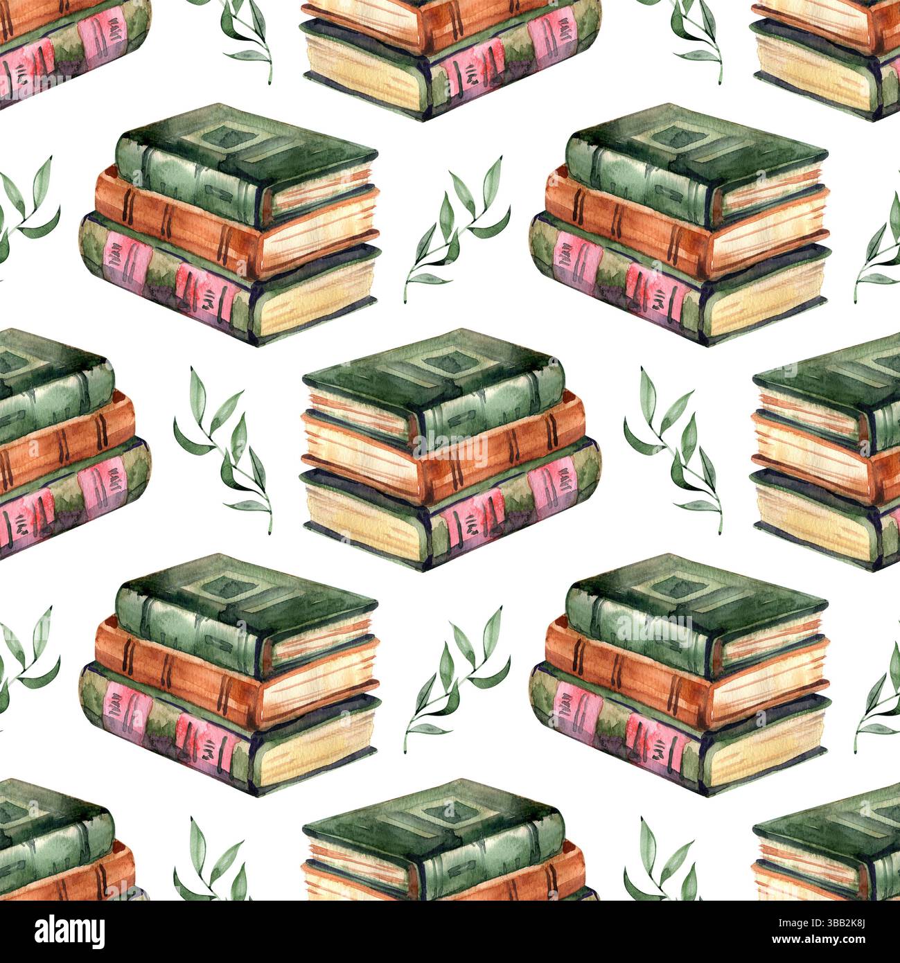 Motivo senza cuciture con vecchi libri ad acquerello. Ripetere l'ornamento isolato sullo sfondo. Aprire e impilare libri di colori marrone/verde. Vecchio d'epoca Foto Stock