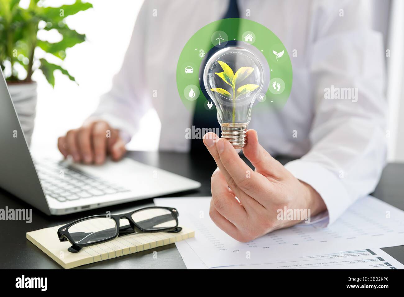 Ecologia negli affari, fonti di energia rinnovabili. concetto di sostenibilità, efficienza energetica, crisi energetica Foto Stock