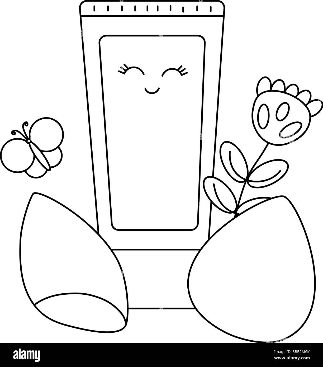 Composizione di crema per il trucco e spugne. Illustrazione della linea grafica vettoriale. Bella arte cosmetica in bianco e nero. Perfetto per carte, decorazioni, stic Illustrazione Vettoriale