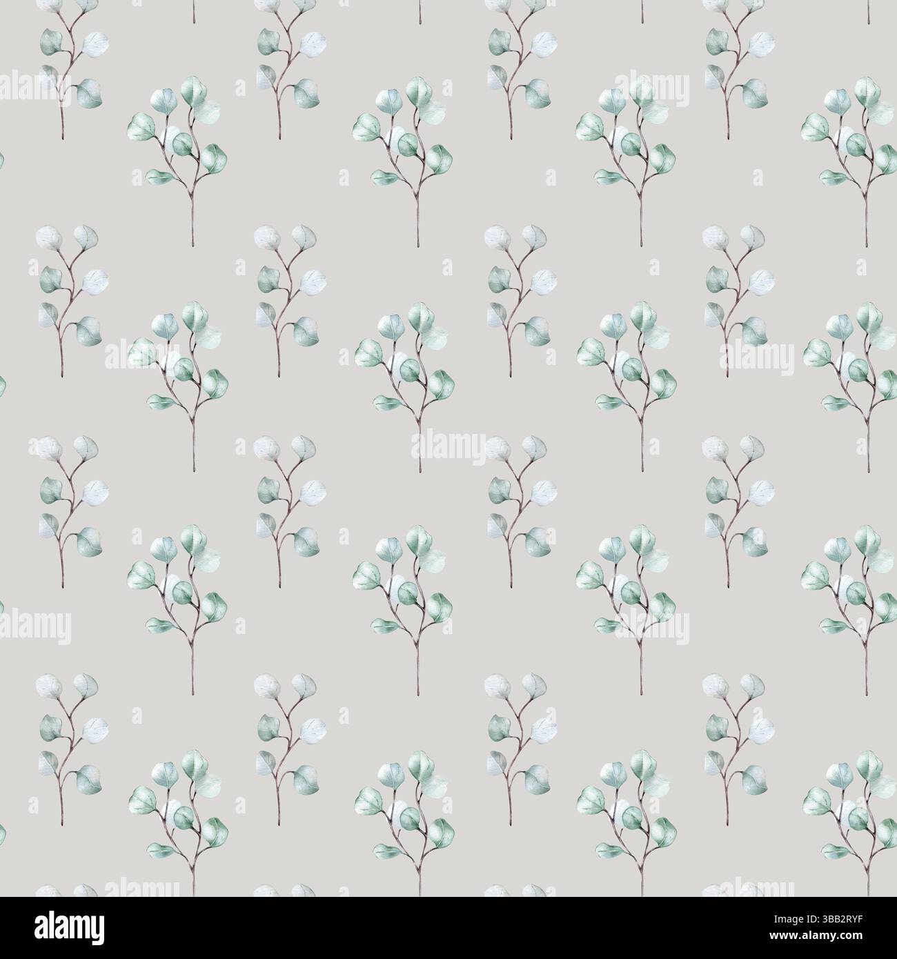 Ramoscelli di eucalipto in verticale senza cuciture ripetuti, isolati a mano. Motivo ad acquerello botanico chiaro in stile scandinavo. Stampa botanica per Foto Stock