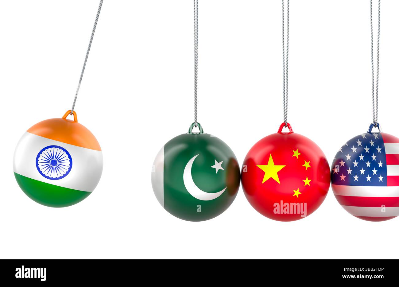 Culla di Newton con bandiere testurizzate di India, Pakistan, Cina e Stati Uniti che simboleggiano la tensione geopolitica e la reazione a catena. Rendering 3D isolato su wh Foto Stock