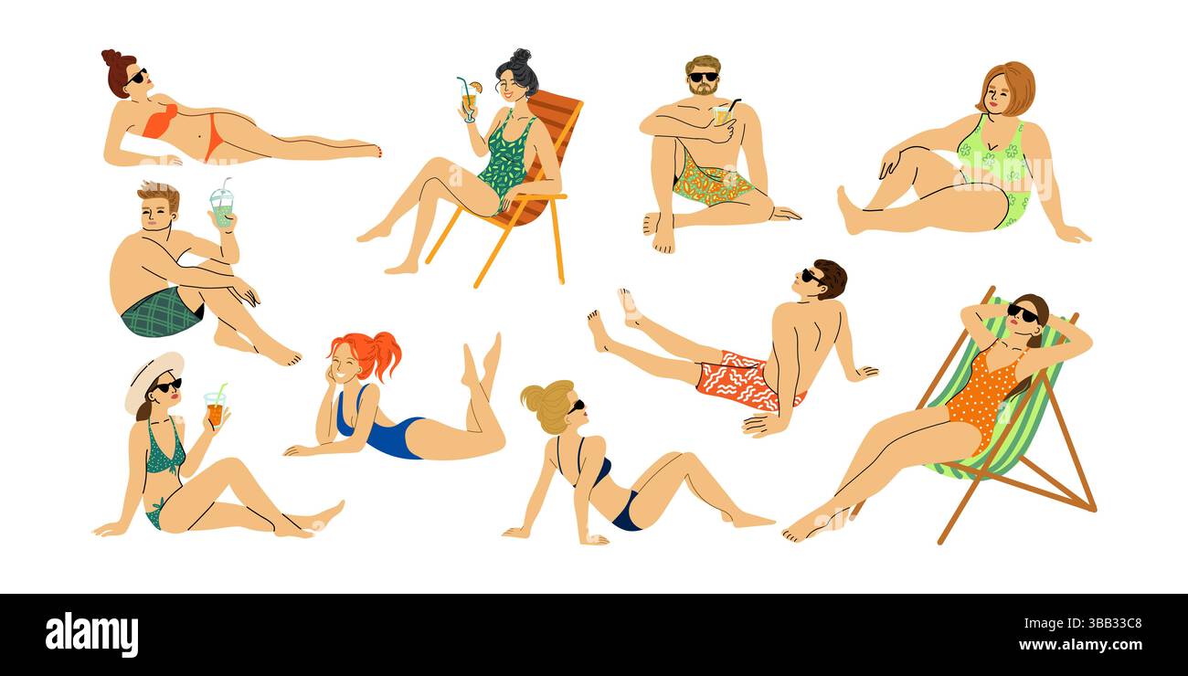 Collezione vettoriale in stile piatto di uomini e donne in costume da bagno, prendere il sole, rilassarsi con cocktail e occhiali da sole su sfondo bianco. Illustrazione Vettoriale
