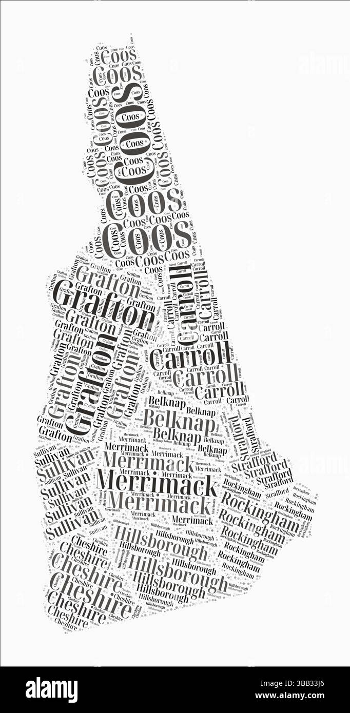 New Hampshire Text Style Counties. La regione di stato nomina nuvole di parole in lingua inglese. Illustrazione vettoriale di classe. Illustrazione Vettoriale