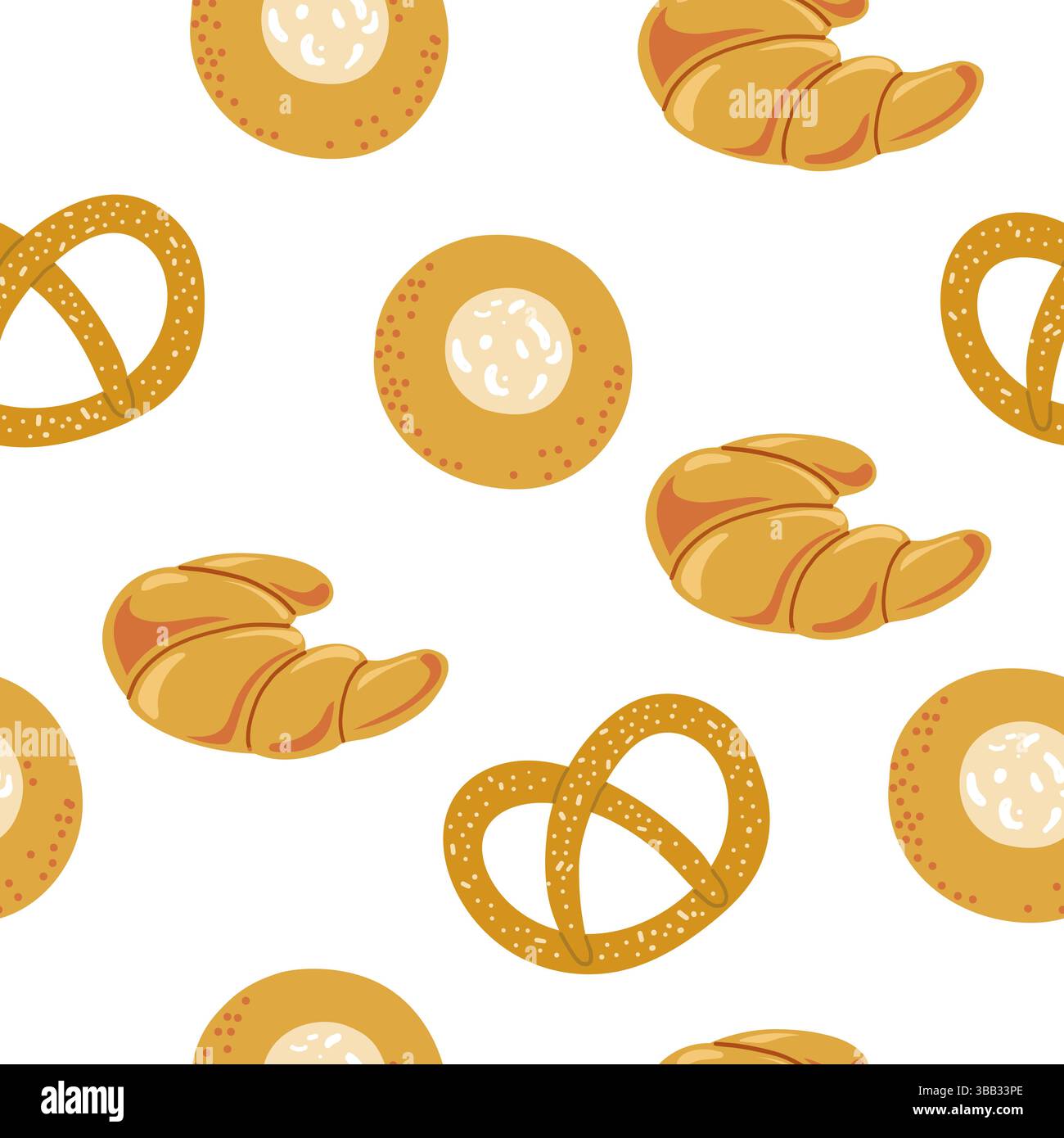 Modello vettoriale piatto senza cuciture di prodotti da forno, tra cui croissant, pretzel e panini dolci su sfondo bianco Illustrazione Vettoriale