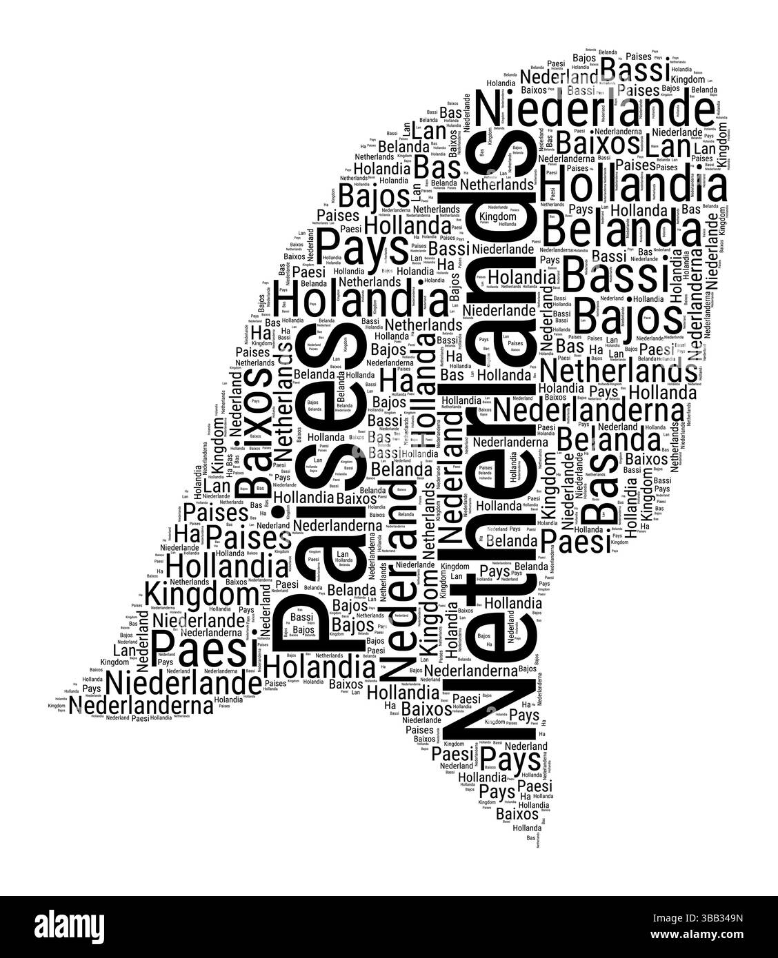 Nuvola di parole in bianco e nero a forma di Paesi Bassi. Semplice illustrazione del paese in stile tipografico. Nuvola di testo nera olandese su sfondo bianco. Illustrazione Vettoriale