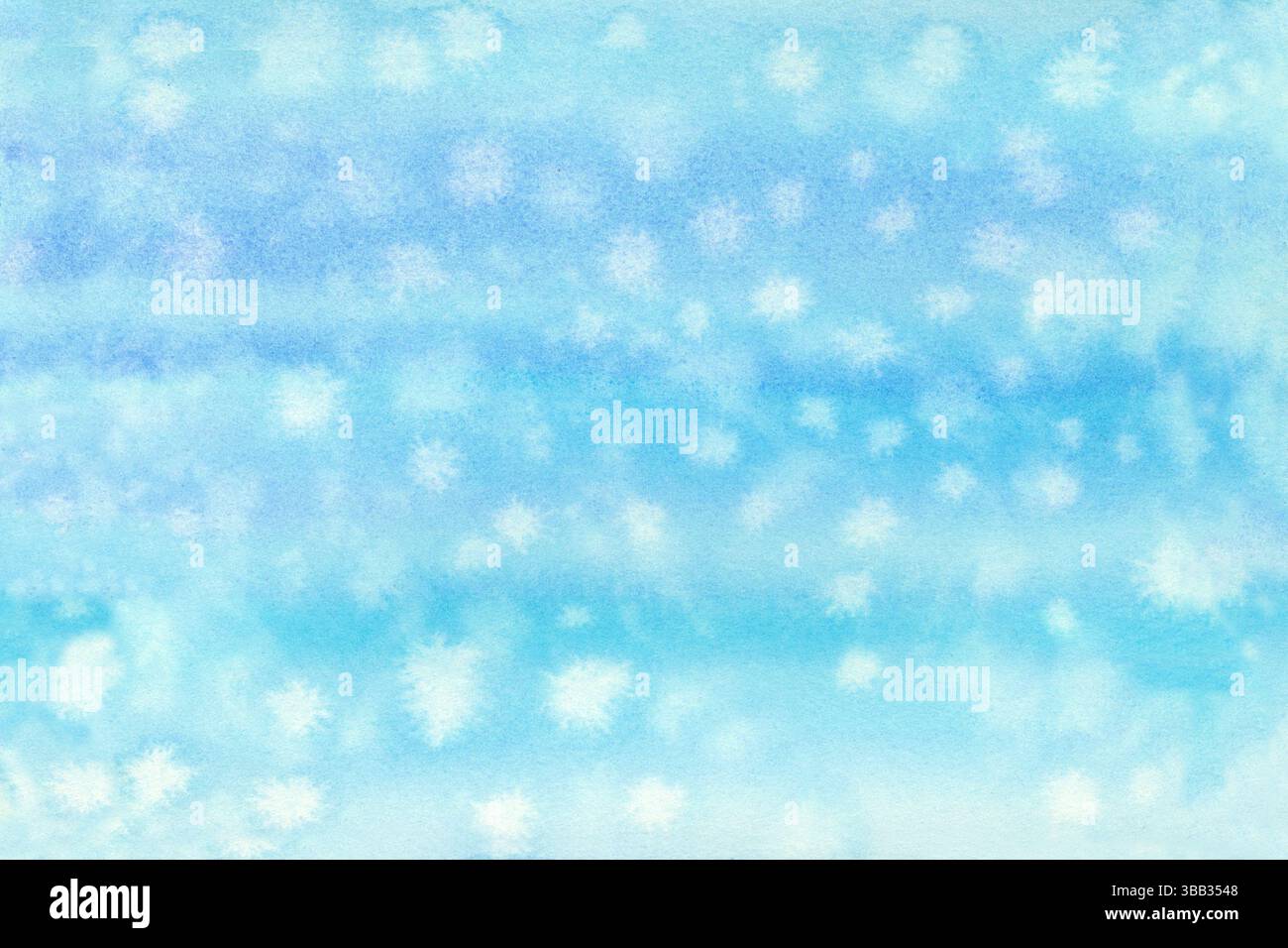 Sfondo blu e bianco sfumato da sogno con stelle simili a fiocchi di neve. Illustrazione dello sfondo del modello acquerello per Natale, modelli invernali, h Foto Stock