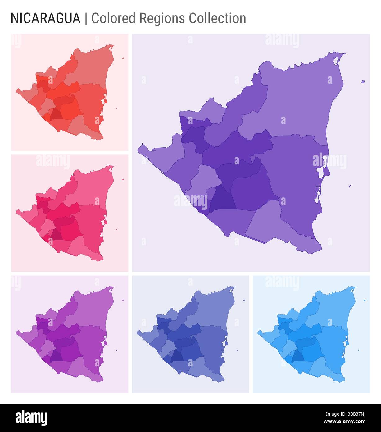 Collezione di mappe del Nicaragua. Forma del paese con regioni colorate. Viola intenso, rosso, rosa, viola, indaco, tavolozze di colore blu. Illustrazione Vettoriale
