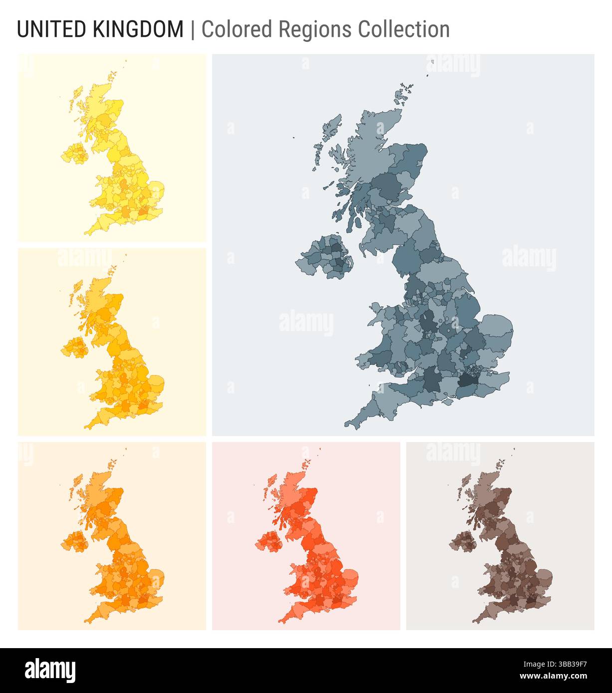 Raccolta di mappe del Regno Unito. Forma del paese con regioni colorate. Blu grigio, giallo, ambra, arancione, arancione profondo, tavolozze di colore marrone. Illustrazione Vettoriale