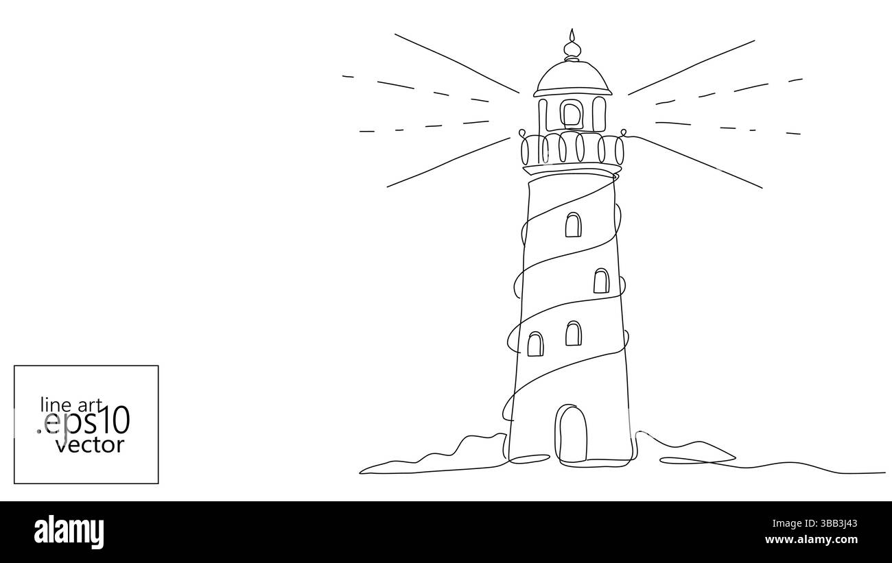 Disegno di una linea del faro. Architettura beacon a profilo continuo design minimalista. Sicurezza nautica viaggi navigazione turismo. Linea semplice nera Illustrazione Vettoriale