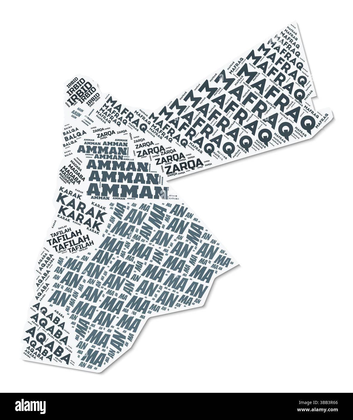 Nuvola di testo a forma di Giordania. Confine del paese con ombra su sfondo bianco. Giordania con divisione regionale in stile vintage gazette. Illustrazione Vettoriale