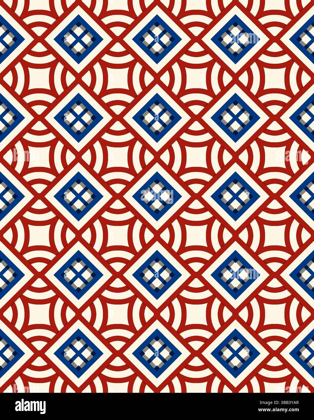 Le forme geometriche colorate creano un motivo visivamente sorprendente con diamanti rossi, blu e bianchi su uno sfondo crema chiaro. Foto Stock Le forme geometriche colorate creano un motivo visivamente sorprendente con diamanti rossi, blu e bianchi su uno sfondo crema chiaro. Foto Stock
