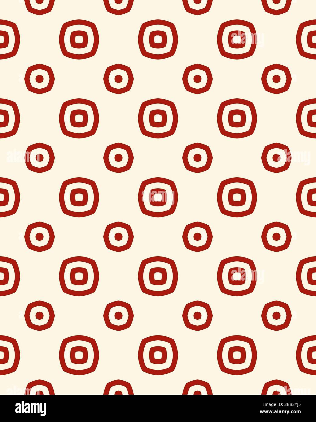 Un motivo ripetitivo presenta quadrati concentrici alternati in rosso su uno sfondo crema, creando un vivace design tessile. Foto Stock Un motivo ripetitivo presenta quadrati concentrici alternati in rosso su uno sfondo crema, creando un vivace design tessile. Foto Stock