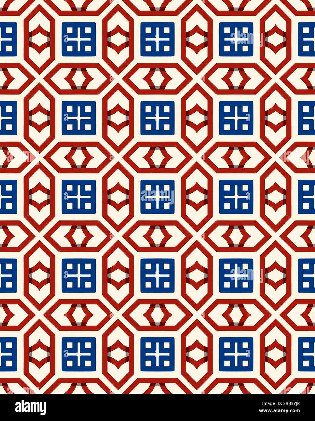 Un motivo geometrico luminoso e complesso mostra quadrati rossi e blu interconnessi, perfetti per tessuti o sfondi. Foto Stock Un motivo geometrico luminoso e complesso mostra quadrati rossi e blu interconnessi, perfetti per tessuti o sfondi. Foto Stock