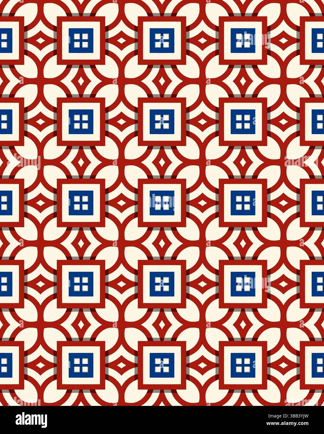 Un motivo geometrico luminoso e complesso mostra quadrati rossi e blu interconnessi, perfetti per tessuti o sfondi. Foto Stock Un motivo geometrico luminoso e complesso mostra quadrati rossi e blu interconnessi, perfetti per tessuti o sfondi. Foto Stock