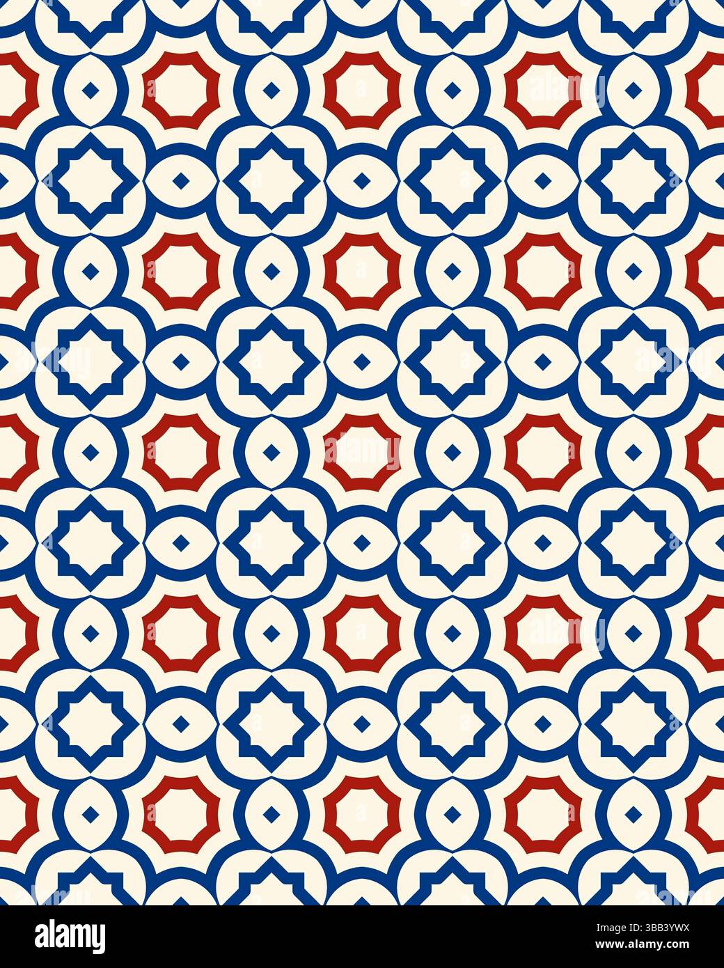 Questo colorato design geometrico presenta stelle e cerchi alternati in rosso, blu e bianco, perfetti per vari usi decorativi. Foto Stock Questo colorato design geometrico presenta stelle e cerchi alternati in rosso, blu e bianco, perfetti per vari usi decorativi. Foto Stock