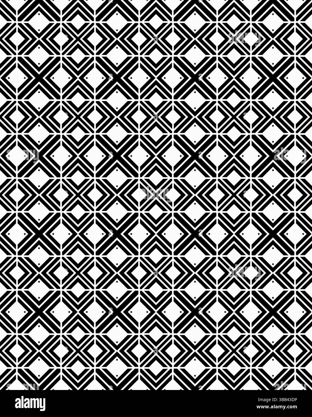 Forme geometriche in bianco e nero ripetitive formano un motivo intricato e visivamente accattivante sulla superficie. Foto Stock