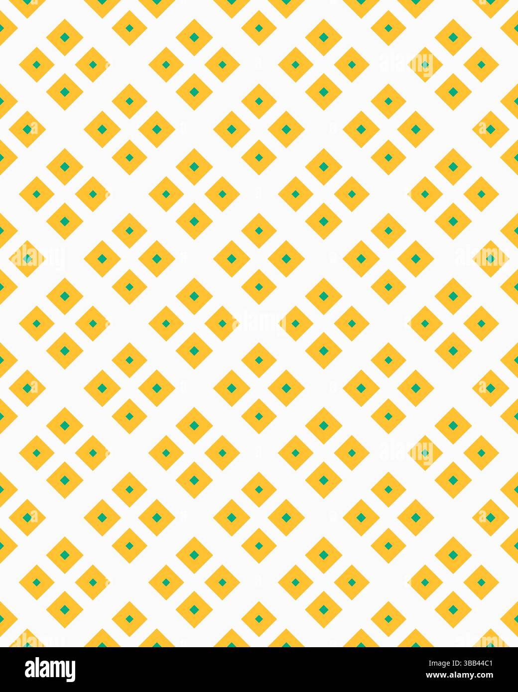 Il motivo geometrico luminoso presenta diamanti gialli con centri turchesi su sfondo bianco, creando un design accattivante ideale per gli interni. Foto Stock Il motivo geometrico luminoso presenta diamanti gialli con centri turchesi su sfondo bianco, creando un design accattivante ideale per gli interni. Foto Stock