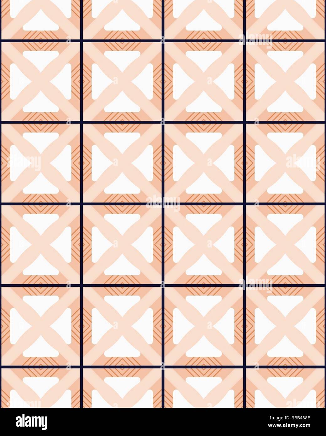 Il motivo geometrico decorativo mostra forme intersecanti in un design ripetuto, con colori delicati di pesca e crema su una griglia. Foto Stock Il motivo geometrico decorativo mostra forme intersecanti in un design ripetuto, con colori delicati di pesca e crema su una griglia. Foto Stock