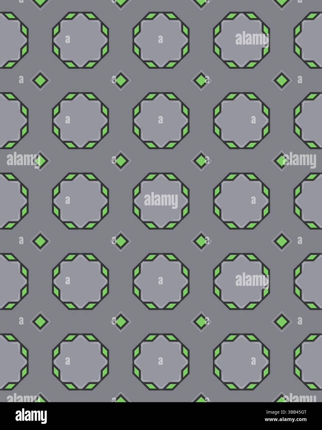 Una serie di ottagoni e diamanti disposti in un motivo ripetuto su uno sfondo grigio crea un design geometrico visivamente accattivante. Foto Stock Una serie di ottagoni e diamanti disposti in un motivo ripetuto su uno sfondo grigio crea un design geometrico visivamente accattivante. Foto Stock