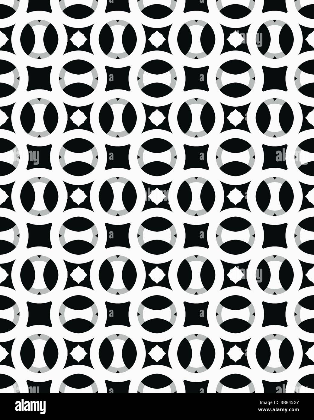 Il design astratto presenta un complesso schema di ottagoni in bianco e nero disposti in un layout ritmico, enfatizzando contrasto e simmetria. Foto Stock