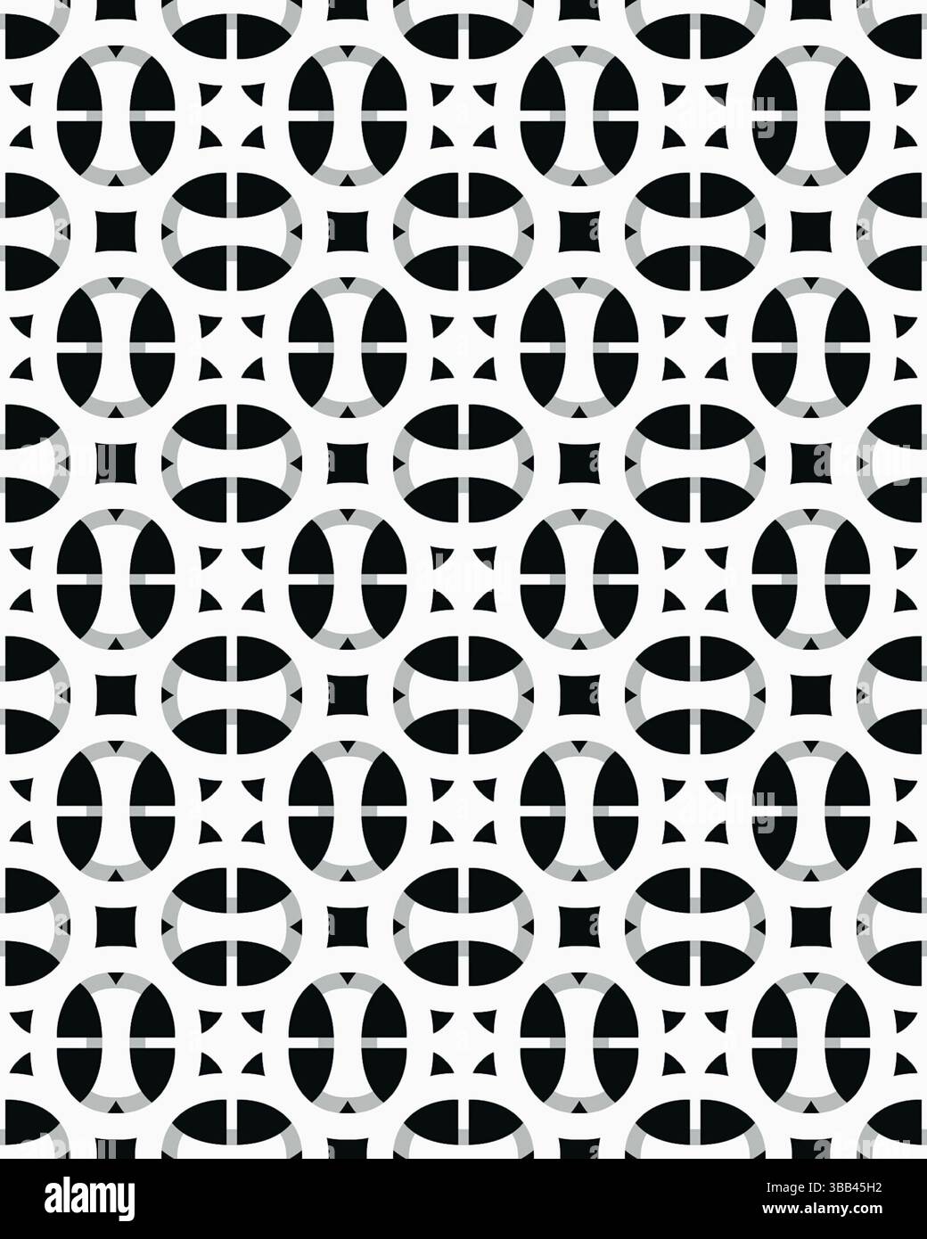 Un design geometrico ripetuto mette in mostra forme a incastro in bianco e nero, creando un effetto visivo moderno ed elegante. Foto Stock