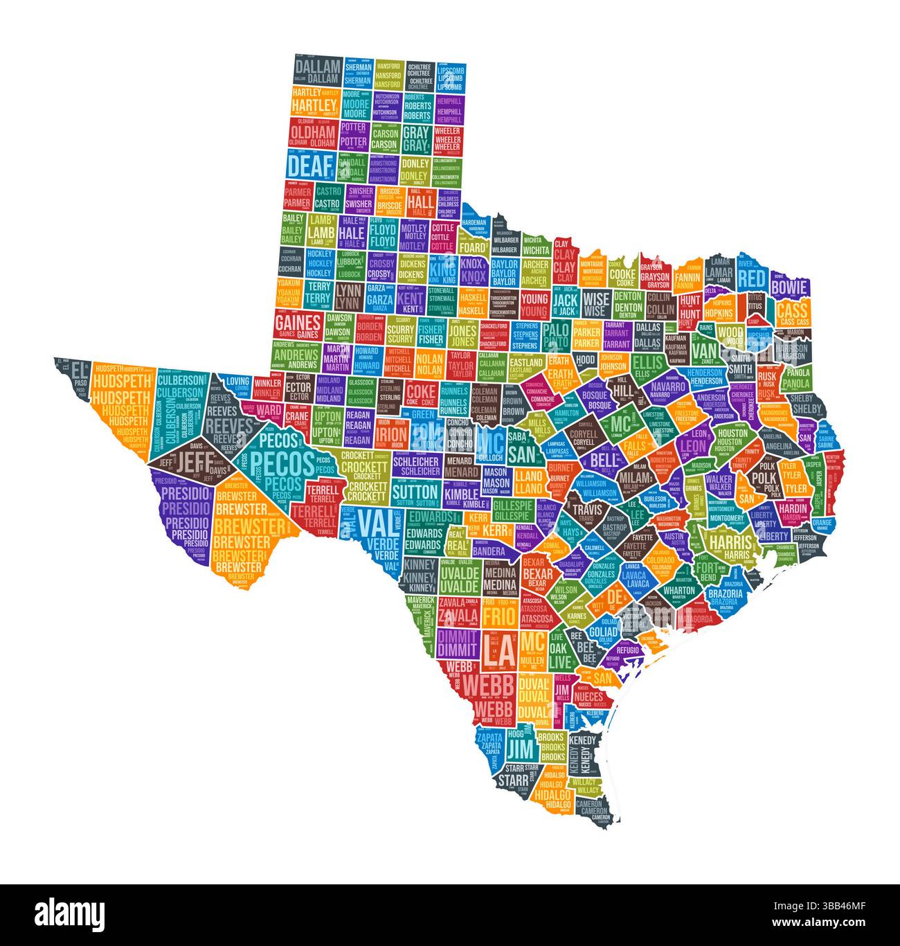 Forma texana. State Word cloud con divisione contea. Illustrazione a colori del Texas. I nomi delle contee sono nubi. Illustrazione vettoriale. Illustrazione Vettoriale