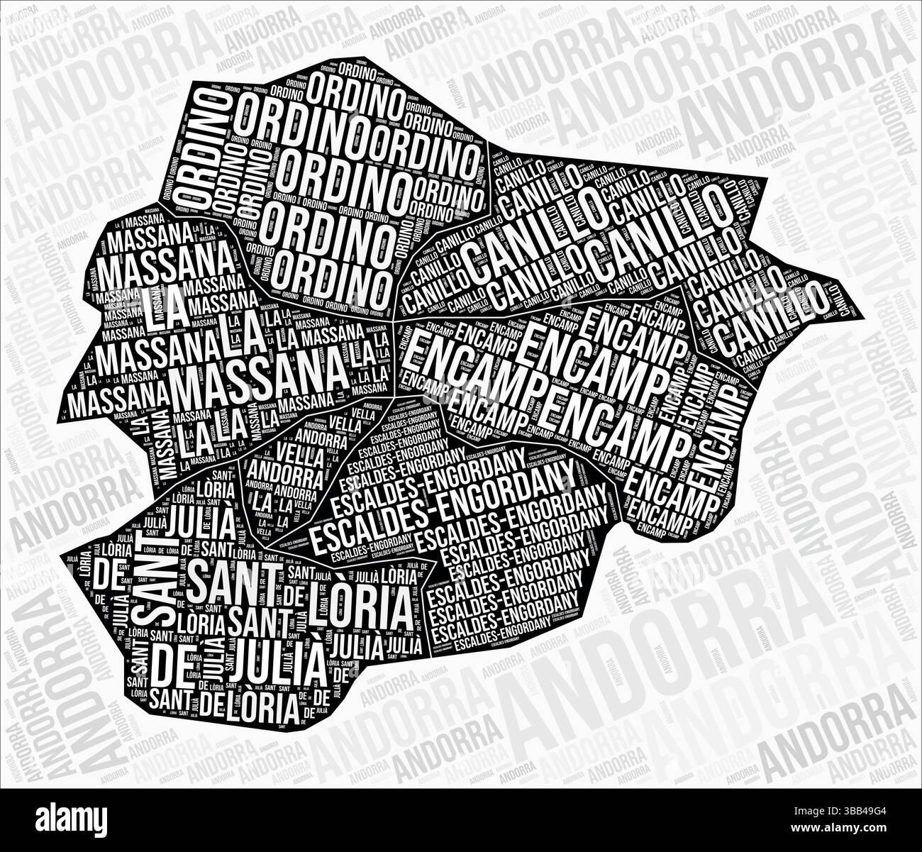 Le regioni di Andorra mappano le nuvole di parole. Nomi della regione di Andorra. Design della mappa in bianco e nero. Bella illustrazione vettoriale. Illustrazione Vettoriale