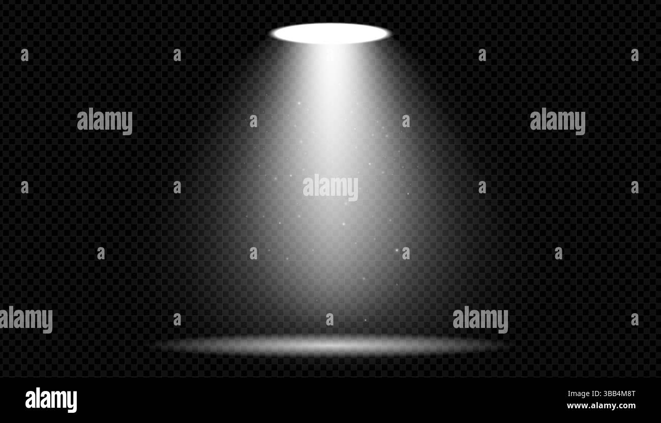 Fascio di luce abbagliante sul palcoscenico buio. Raggio di luce vettoriale con lucentezza trasparente e luce brillante del proiettore. Perfetto per concerti, club, spettacoli teatrali o eventi festivi. Illustrazione Vettoriale