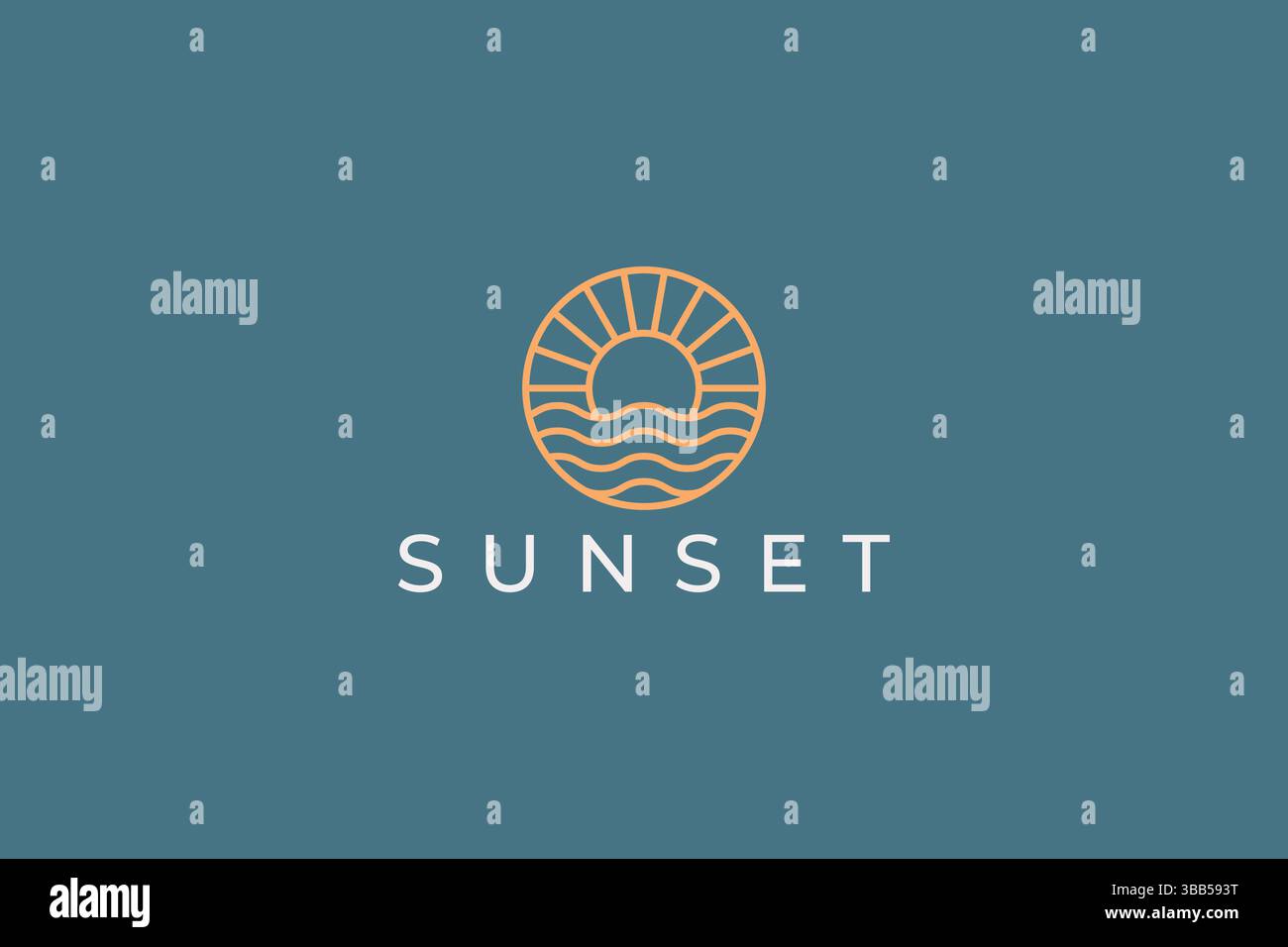 Gold Sun Sunset Logo Badge Hipster con Beach Ocean Sea Water Linear Outline Business Resort e hotel Illustrazione Vettoriale