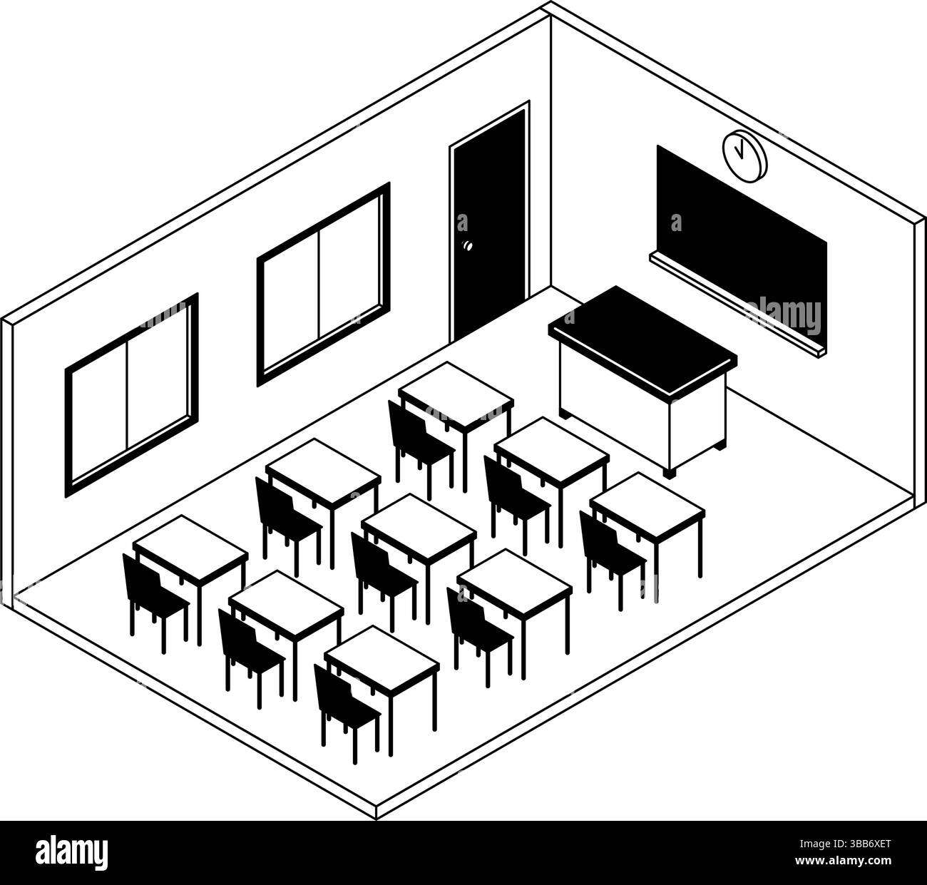 Illustrazione isometrica semplice e simpatica di un'aula scolastica con lavagna, tavolo per l'insegnamento, scrivanie e sedie, illustrazione vettoriale Illustrazione Vettoriale