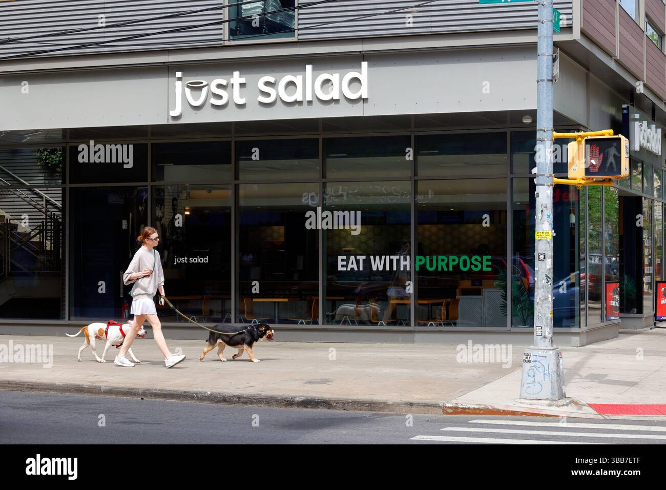 Una persona che cammina con i propri cani fuori da un ristorante veloce informale Just Salad sulla N 4th St, nel quartiere Williamsburg di Brooklyn Foto Stock