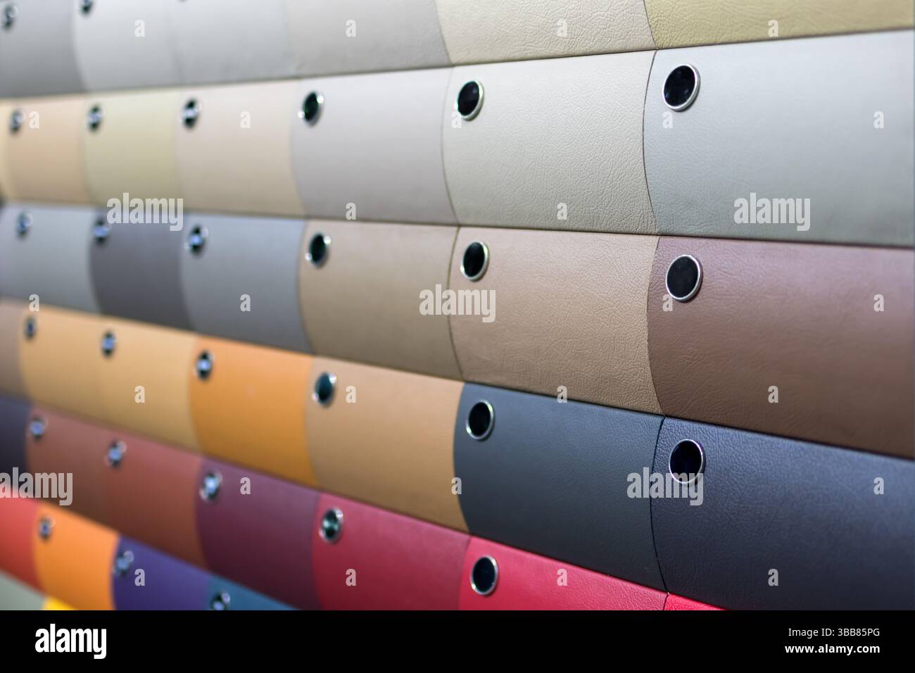 Diversi campioni di colore della pelle per autoveicoli visualizzati in fila Foto Stock