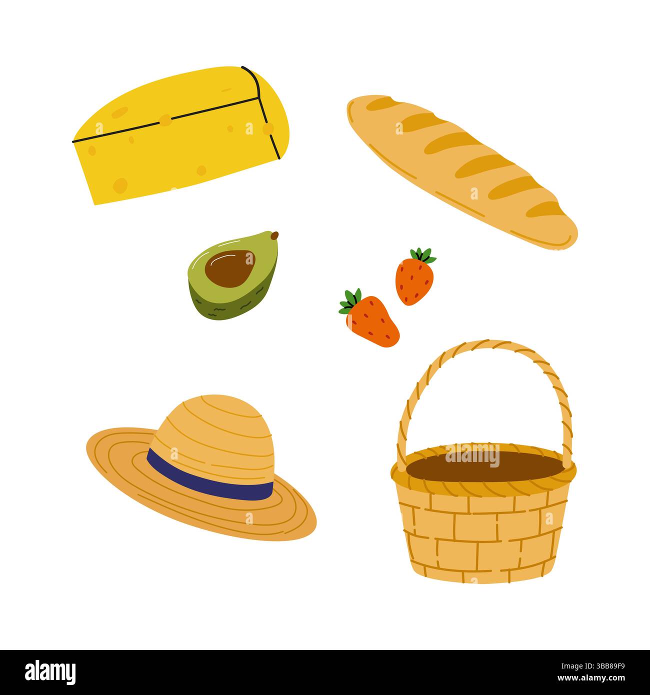 Picnic estivo con formaggio, pane, frutta, cappello e cestino Illustrazione Vettoriale