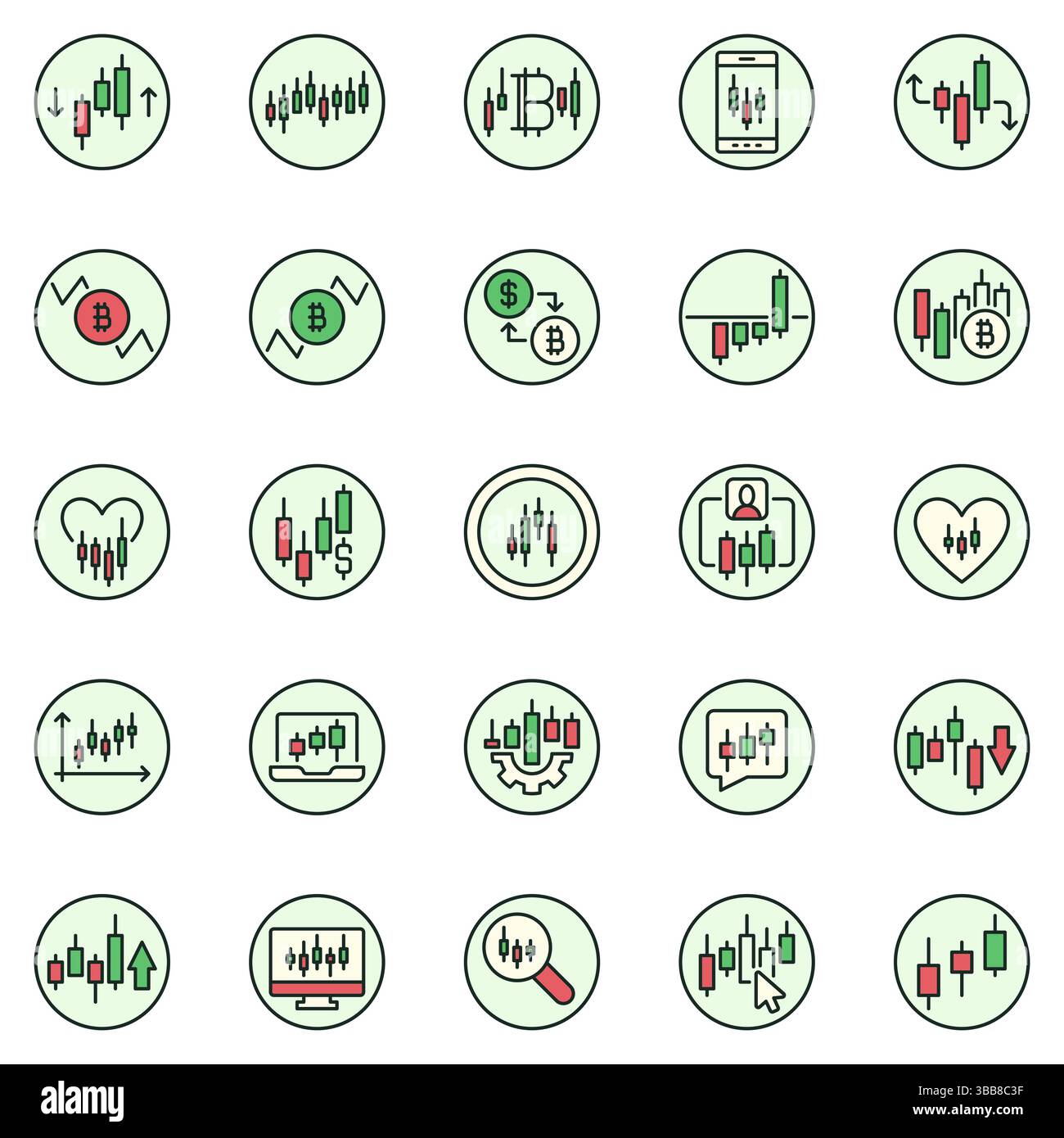 Set di icone rotonde colorate per il Crypto Trading - raccolta di segni del concetto di investimento in criptovaluta e Trading del mercato azionario Illustrazione Vettoriale