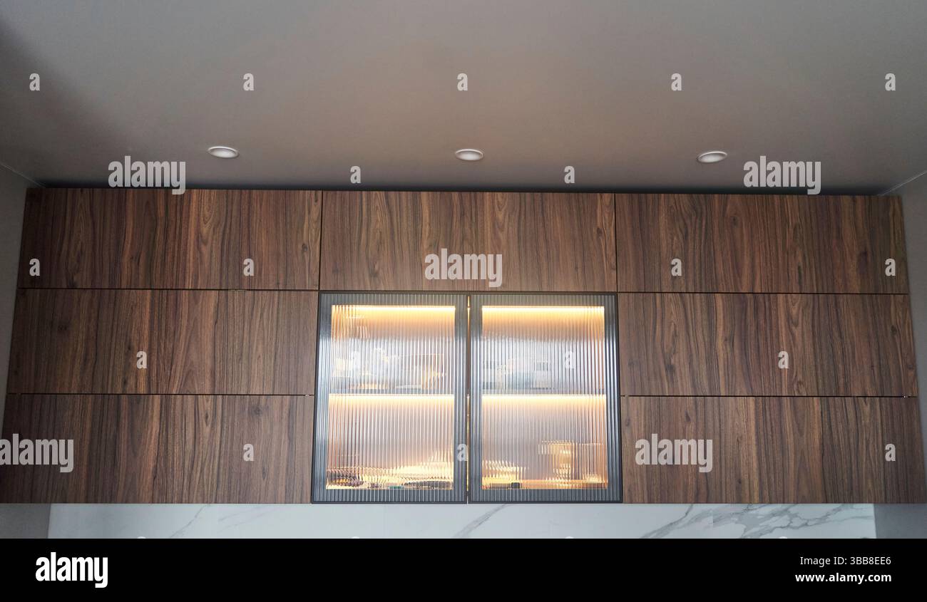 Scoprite l'eleganza dei moderni armadietti da cucina in legno, caratterizzati da splendidi elementi in vetro Foto Stock