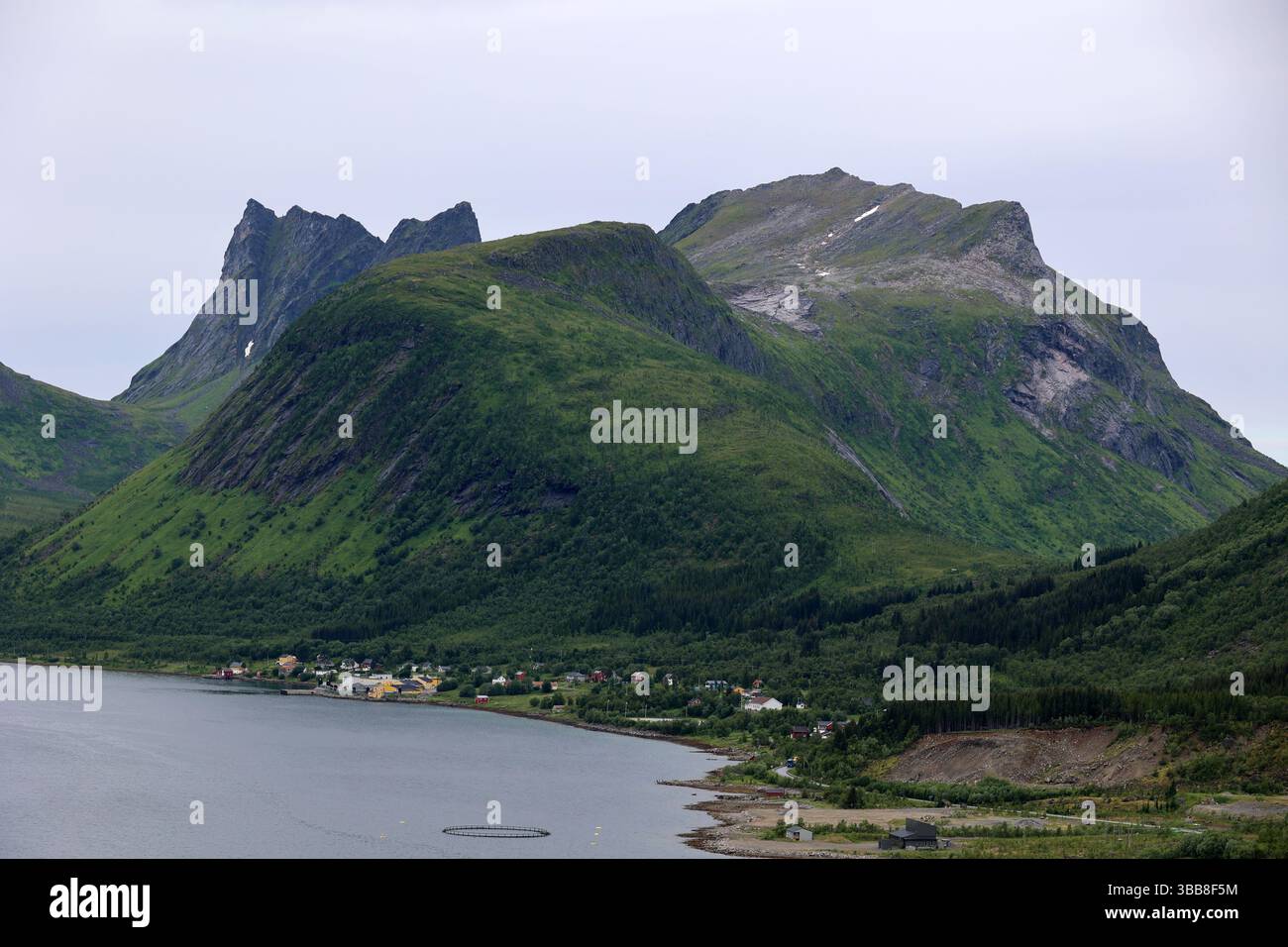 Catena montuosa nel fiordo, Senja, Norvegia Foto Stock