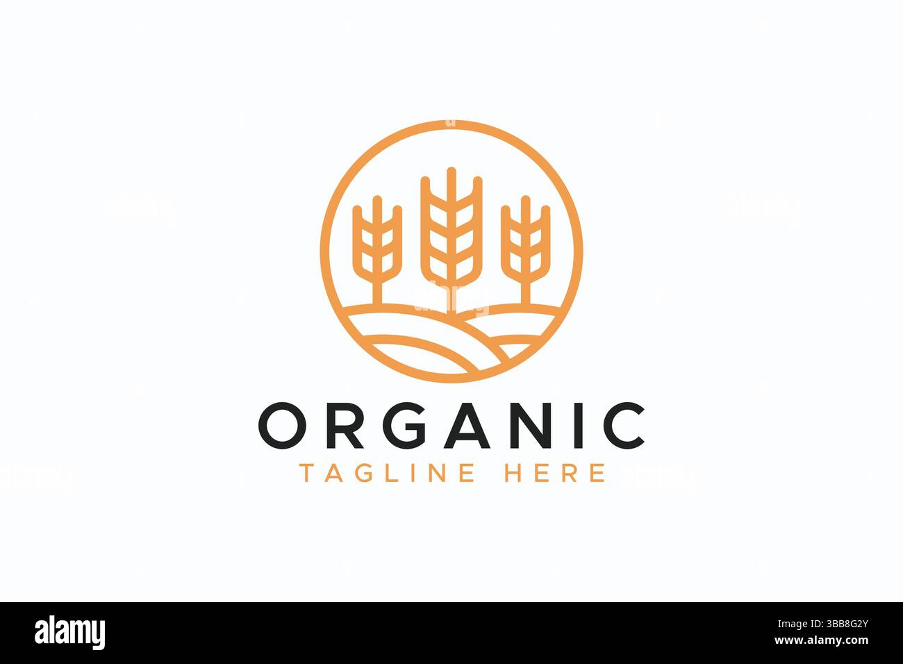 Etichetta biologica per farina, prodotti da forno, pane prodotto aziendale con logo simbolo astratto campo di frumento, cereali, avena, erba Illustrazione Vettoriale