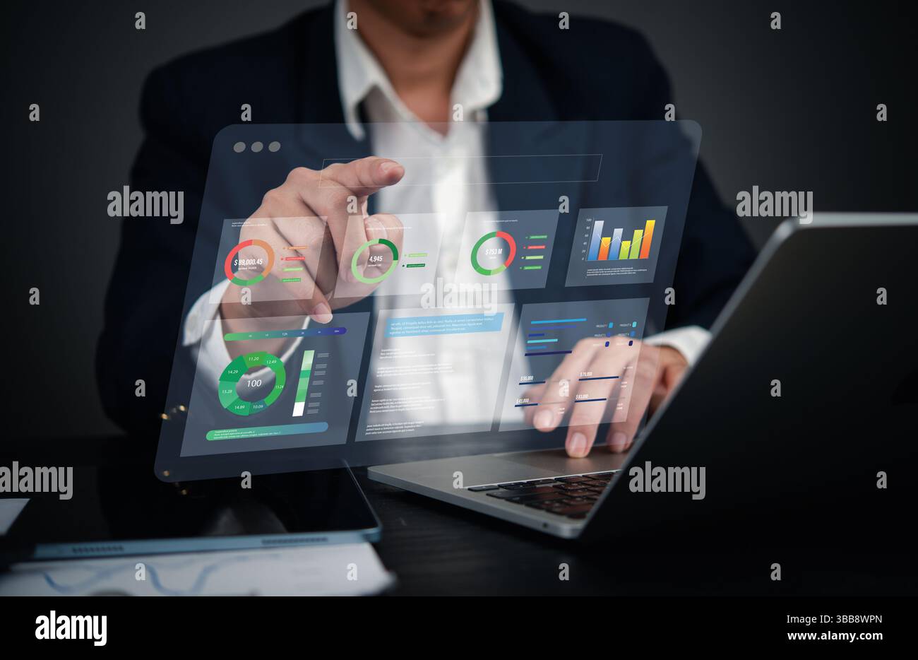 Dashboard di business intelligence, analisi finanziaria futuristica, monitoraggio dei dati, trasformazione digitale, tecnologia di vendita CRM ai, pe aziendale Foto Stock