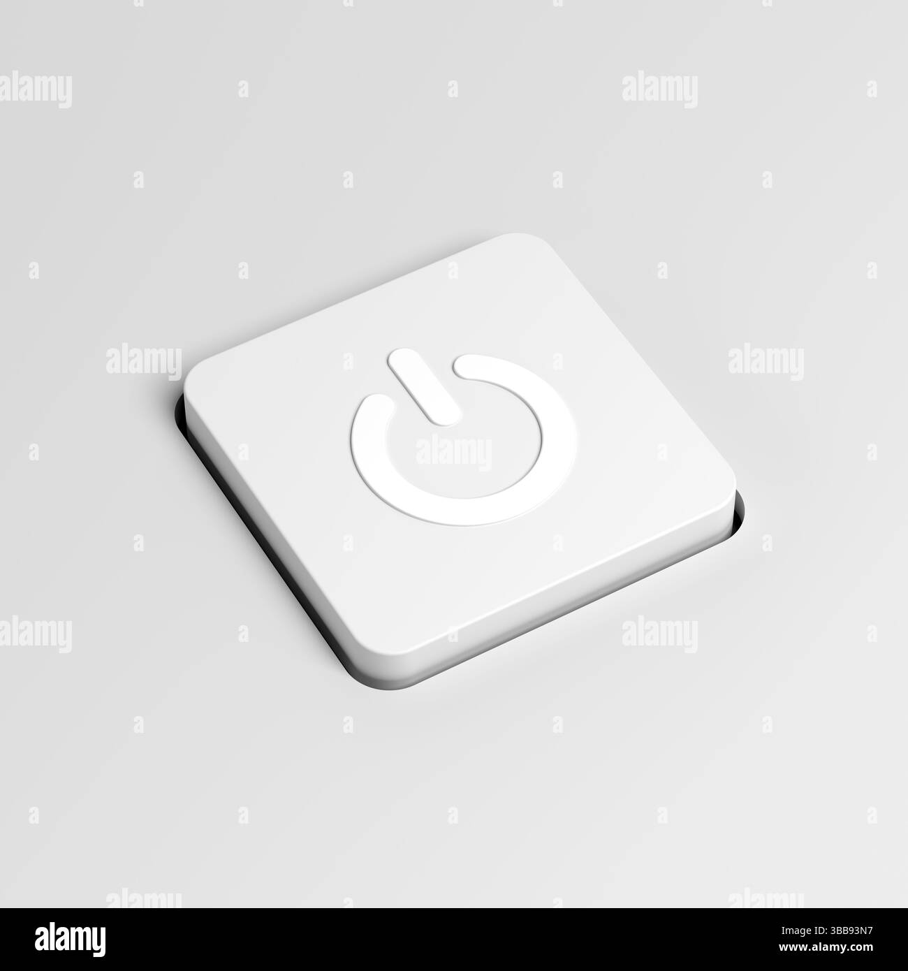 Pulsante di accensione isolato su sfondo grigio. illustrazione 3d. Foto Stock