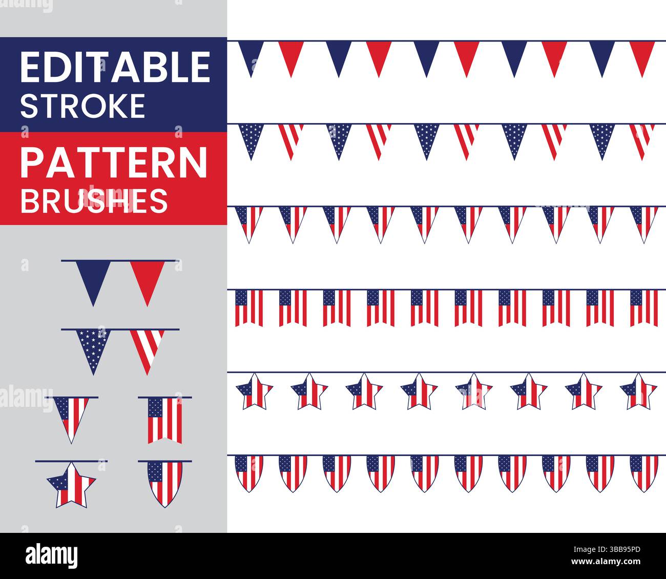Set di pennelli per striscioni Patriotic USA, tratto modificabile American Flag Garland Design, 4 luglio Stars and Stripes Pattern Brush Pack Illustrazione Vettoriale Set di pennelli per striscioni Patriotic USA, tratto modificabile American Flag Garland Design, 4 luglio Stars and Stripes Pattern Brush Pack Illustrazione Vettoriale