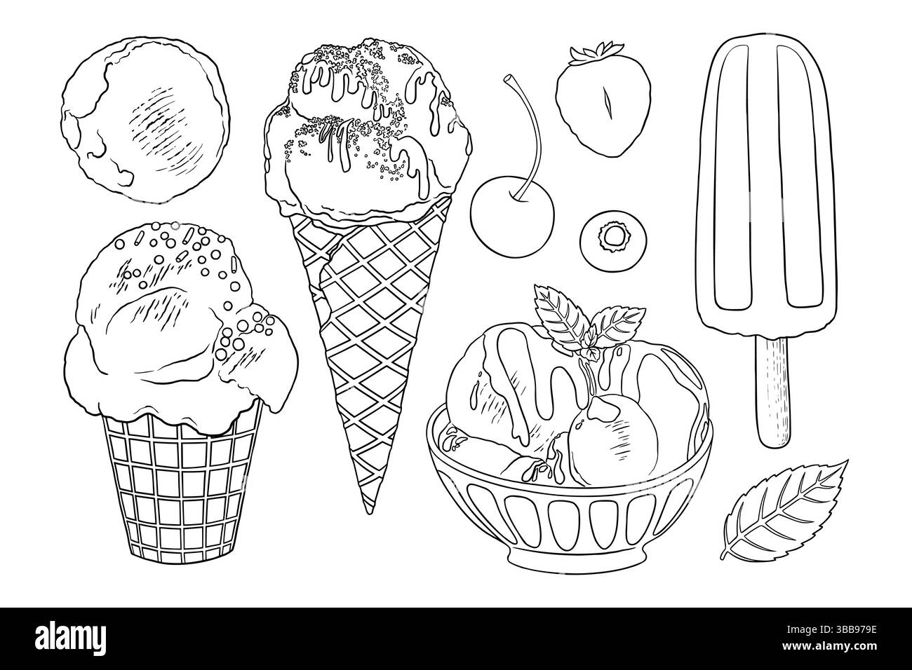 Set di gelato con tazza conica per waffle e papavero. Illustrazione del cibo vettoriale disegnata a mano. Grafica line art del dolce dolce nello stile sketch perfetto Illustrazione Vettoriale