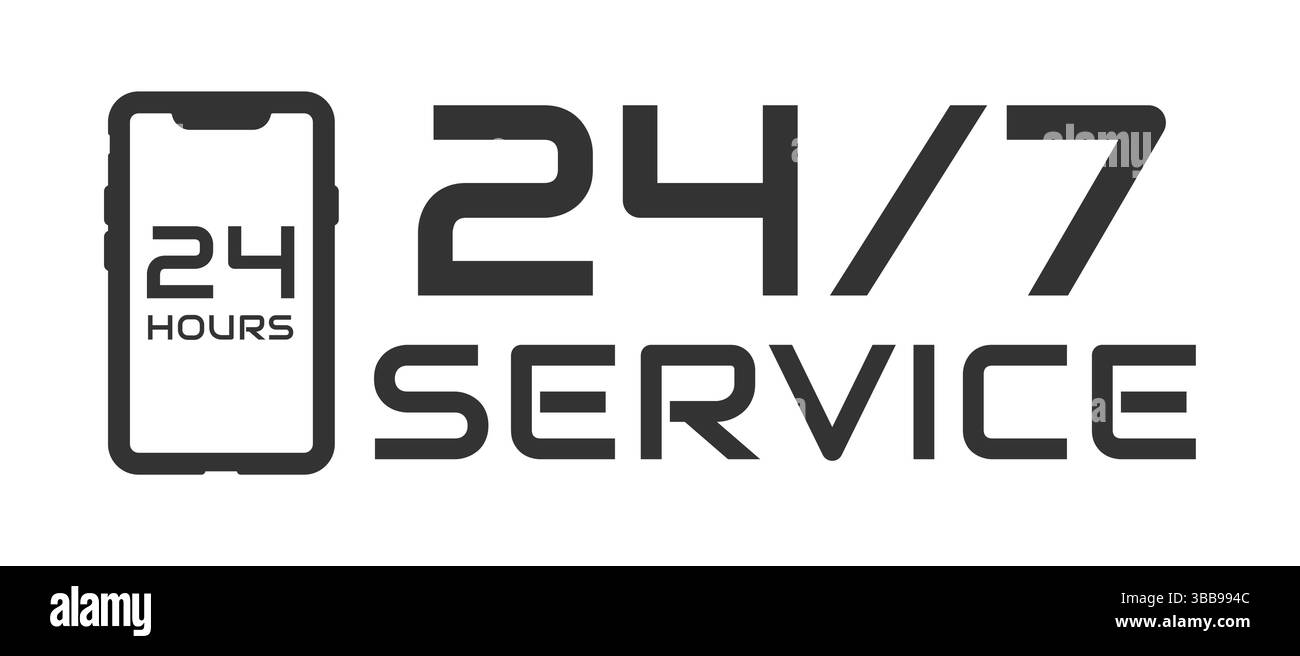 Servizio 24 ore su 24, 7 giorni su 7, icona con il simbolo del simbolo del cerchio. Pulsante simbolo logo supporto negozio. Immagine di illustrazione vettoriale. Isolato su W Illustrazione Vettoriale