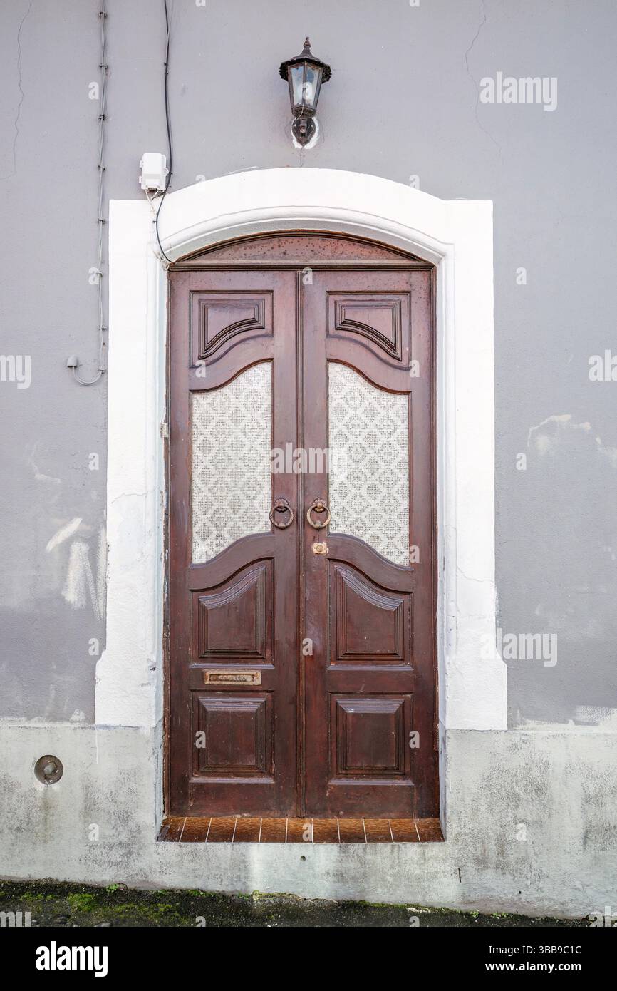 Doppia porta in legno con telaio ad arco. Incantevole vista di una doppia porta in legno scuro con pannelli decorativi in vetro e maniglie rotonde in metallo Foto Stock