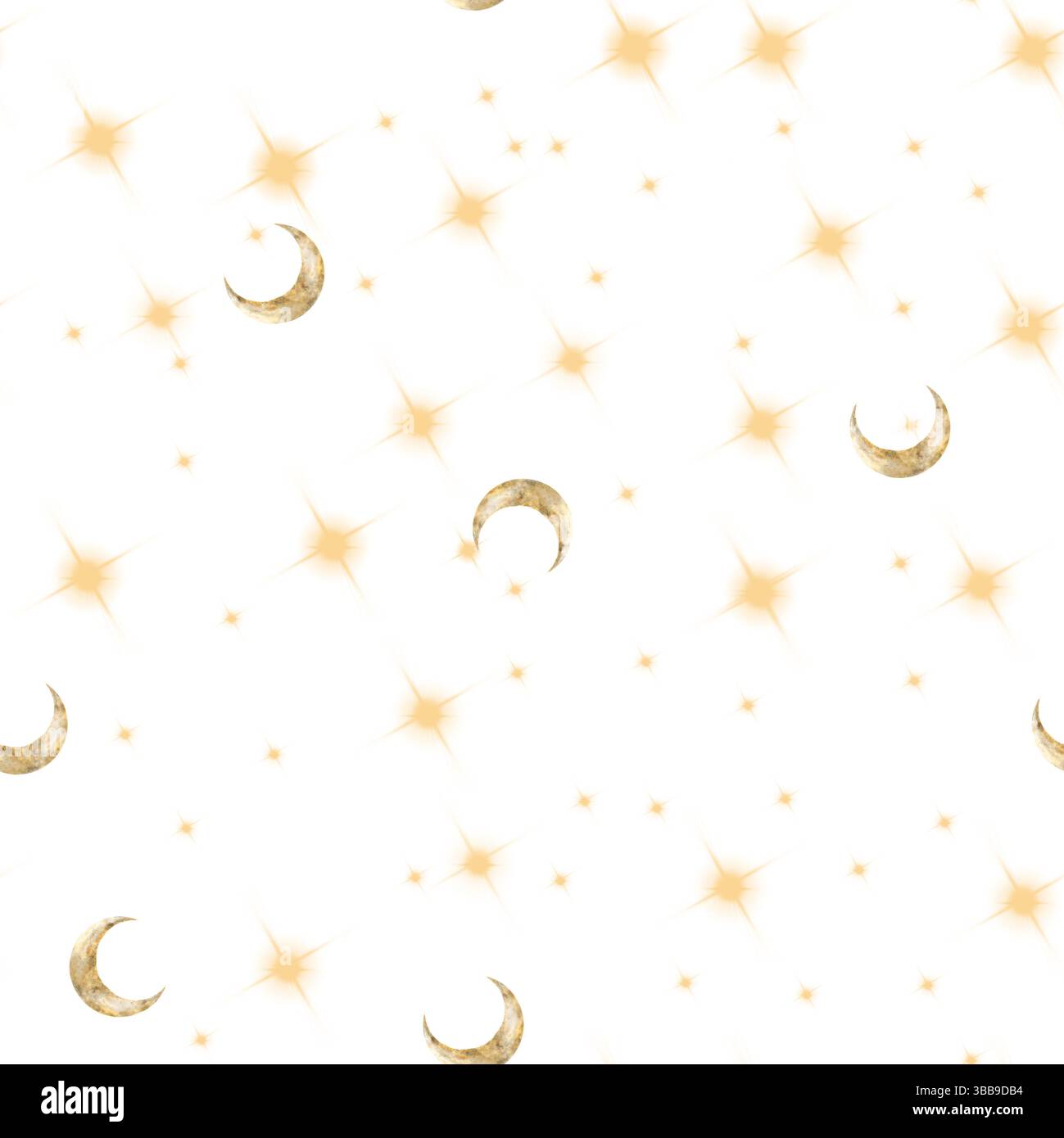 Lune mezzalune e stelle gialle scintillanti. Illustrazione acquerello. Motivo senza cuciture. I corpi celesti sono isolati su uno sfondo bianco. Il tema di Foto Stock