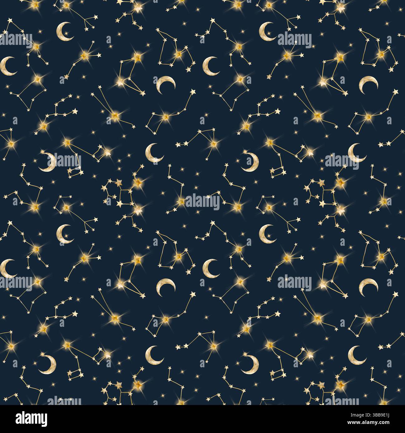 Luna mezzaluna, stelle e costellazioni di stelle. Illustrazione acquerello. Motivo senza cuciture. I corpi celesti sono isolati su uno sfondo scuro. Il tema di Foto Stock
