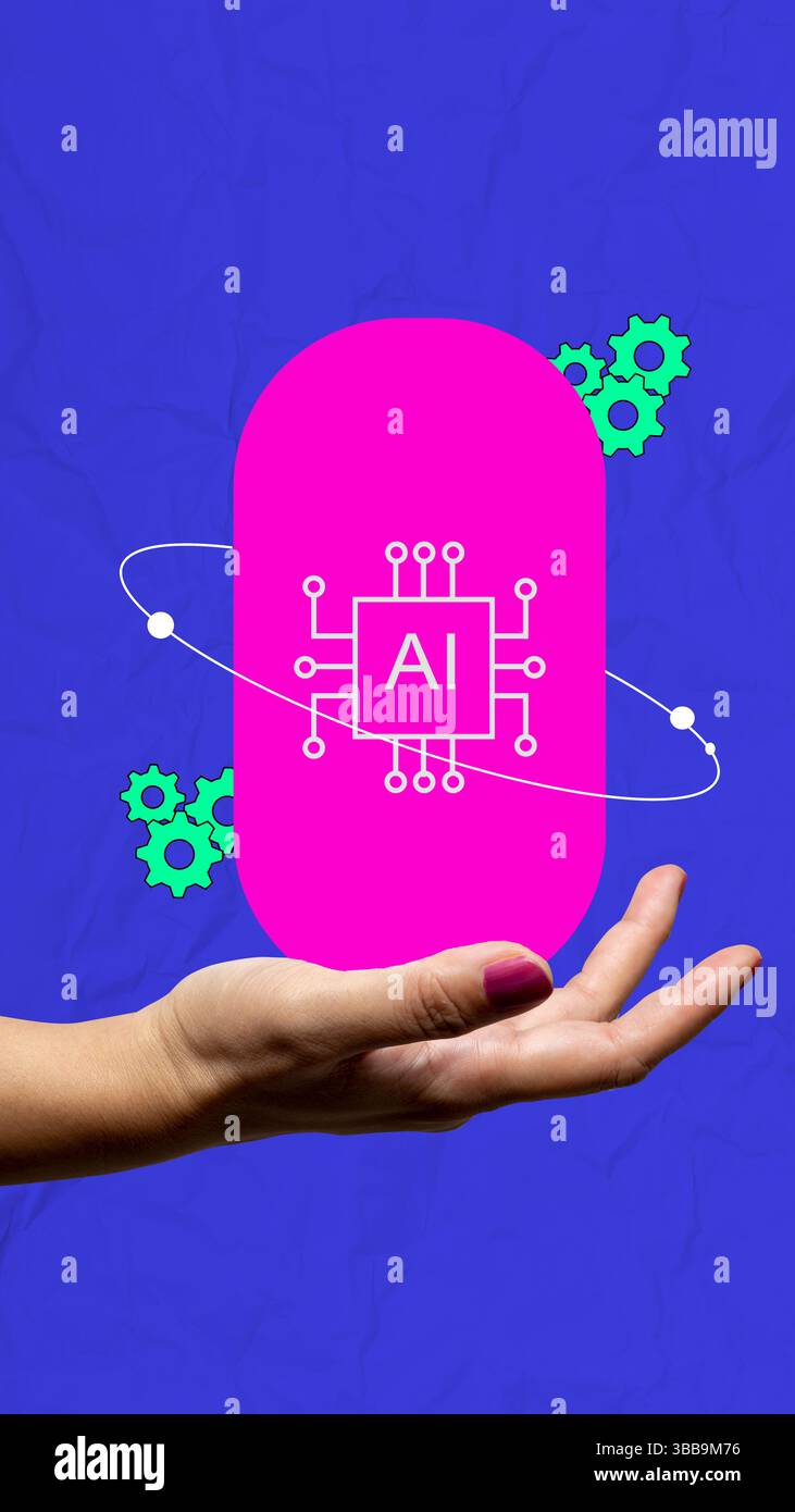 Mano umana che mostra un simbolo IA sulla sua mano con uno sfondo colorato. Concetto di intelligenza artificiale o intelligenza artificiale. Arte collage Foto Stock