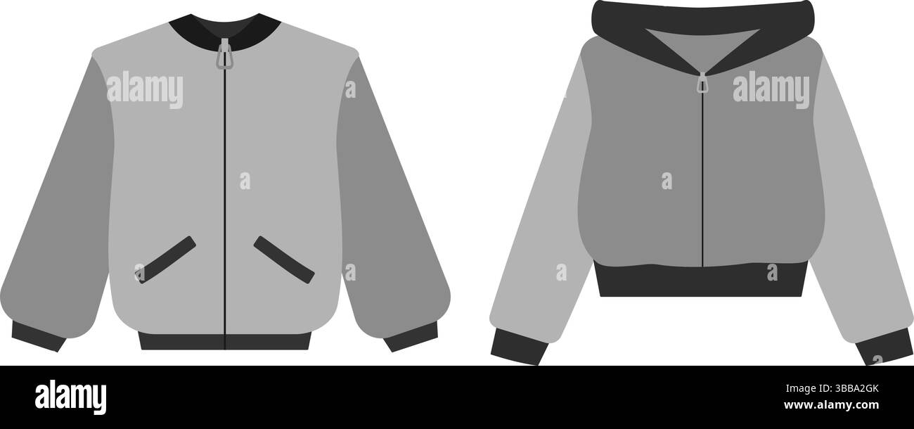 Questa accattivante illustrazione presenta un bomber alla moda abbinato a una comoda felpa con cappuccio, entrambe in accattivanti tonalità di grigio, che li rende perfetti per creare un look elegante e confortevole per tutti i giorni Illustrazione Vettoriale