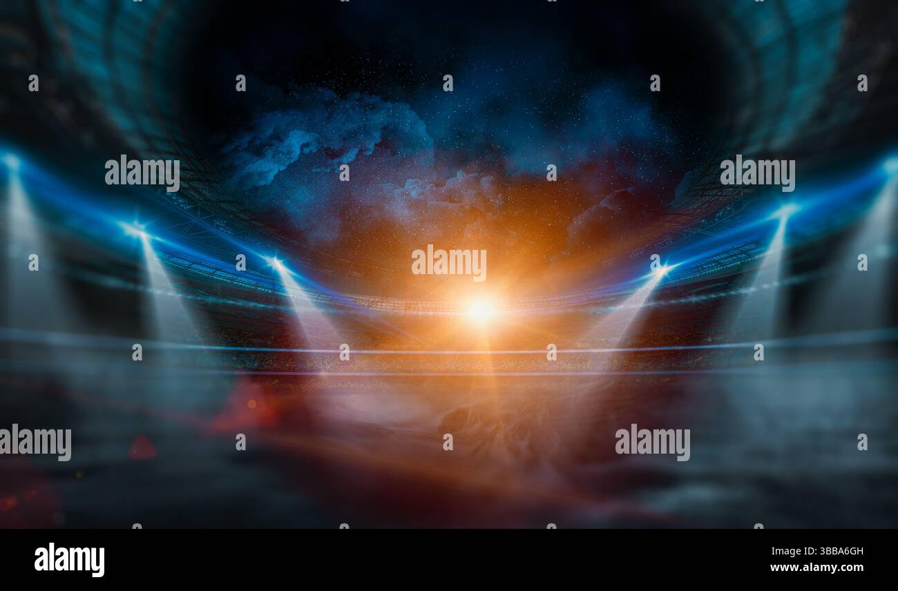 Splendido stadio sportivo con luci blu-verdi e un raggio giallo di notte con stelle. Campionato sportivo, campionato mondiale. Scommesse sportive Foto Stock