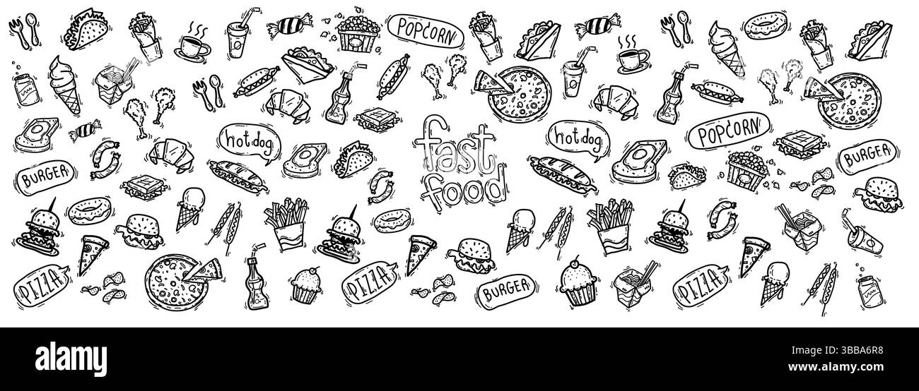 set di elementi vettoriali relativi al menu fast food per la progettazione di confezioni alimentari. contorno cartoni animati disegnato a mano, linea in grassetto nera su bianco Illustrazione Vettoriale